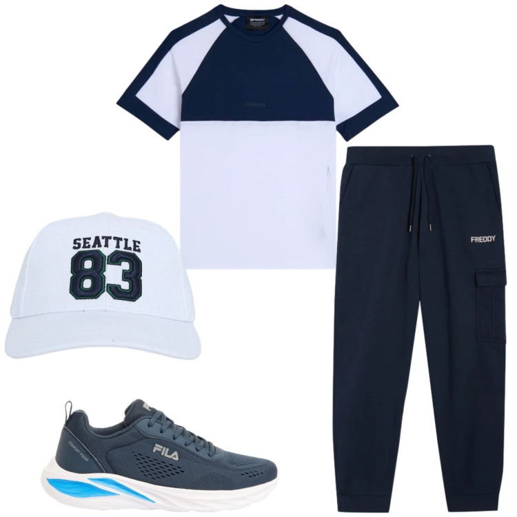 Outfit uomo - Total look #2402684. Stile Casual per Sport. Abbinamento con sneakers, cappelli, pantaloni cargo, t-shirt.