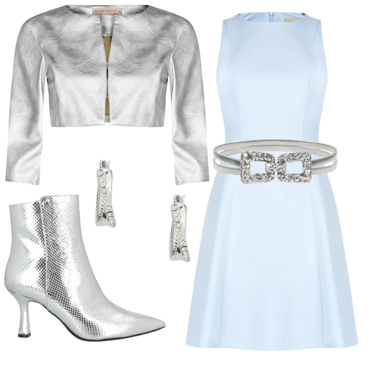 Outfit donna - L’invitata in argento. Stile Chic per Cerimonia. Abbinamento con stivaletti, vestiti corti, cinture, bolero, orecchini.
