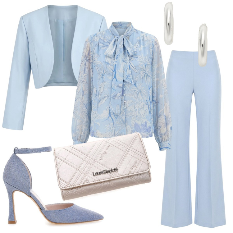 Outfit donna - L’invitata in azzurro. Stile Chic per Cerimonia. Abbinamento con pantaloni a palazzo, bolero, bluse, orecchini, décolleté, portafogli.