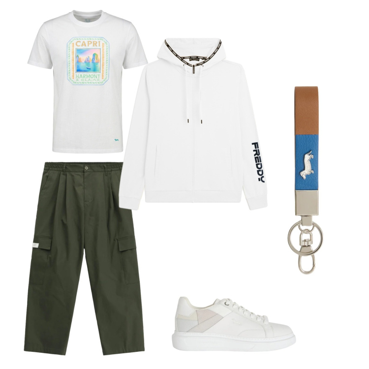Outfit uomo - Sportivo e dinamico. Stile Urban per Tutti i giorni. Abbinamento con pantaloni cargo, portachiavi, sneakers, t-shirt, felpe con cappuccio.