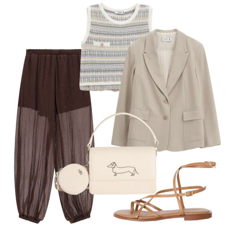 Outfit donna - Prime serate tiepide. Stile Chic per Serata fuori. Abbinamento con pantaloni, sandali in pelle, borse a tracolla, blazer, top.