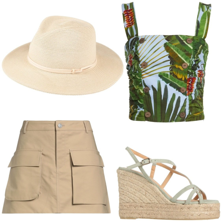 Outfit donna - Vacanze. Stile Glamour per Tutti i giorni. Abbinamento con minigonne, cappelli, espadrillas, top.