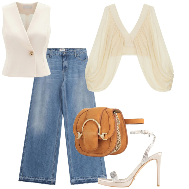 Outfit donna - Serata jeans. Stile Casual chic per Serata fuori. Abbinamento con marsupi, sandali col tacco, jeans, top, gilet.
