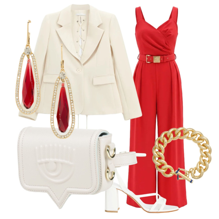 Outfit donna - Evento in rosso. Stile Glamour per Cerimonia. Abbinamento con marsupi, sandali in pelle, blazer, tute, orecchini, braccialetti.