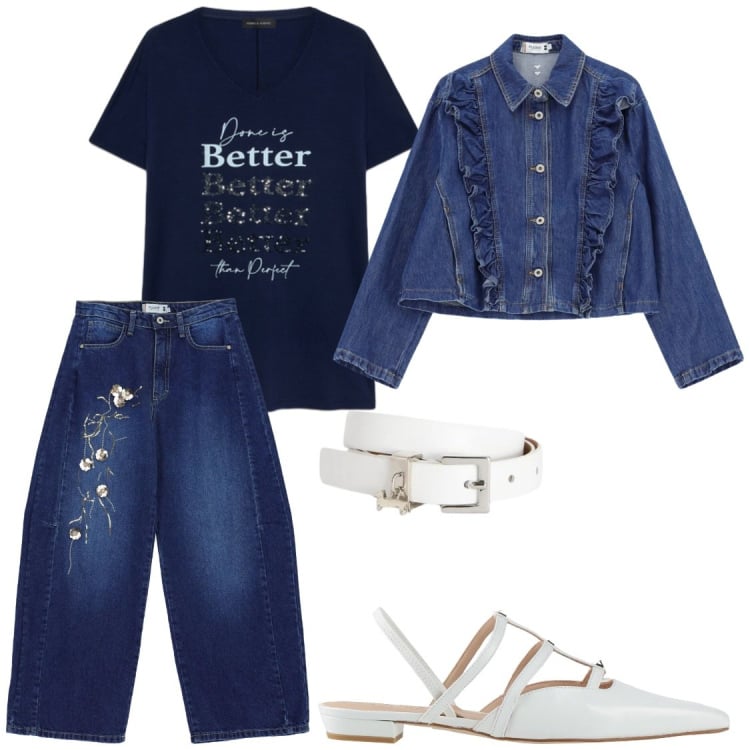 Outfit donna - Mi sento bene cosi#blu serenità. Stile Casual chic per Ufficio. Abbinamento con ballerine, cinture, blazer, jeans, t-shirt.