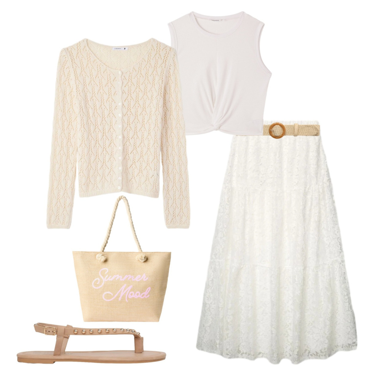 Outfit donna - White Boho Mood. Stile Boho per Tutti i giorni. Abbinamento con gonne lunghe, canottiere, cardigans, borse tote, cinture, ciabatte.
