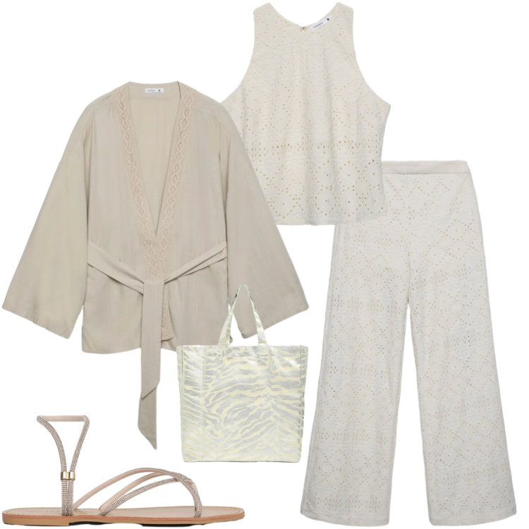 Outfit donna - White Boho Mood. Stile Boho per Serata fuori. Abbinamento con pantaloni, top, sandali, shopping bag, kimono.