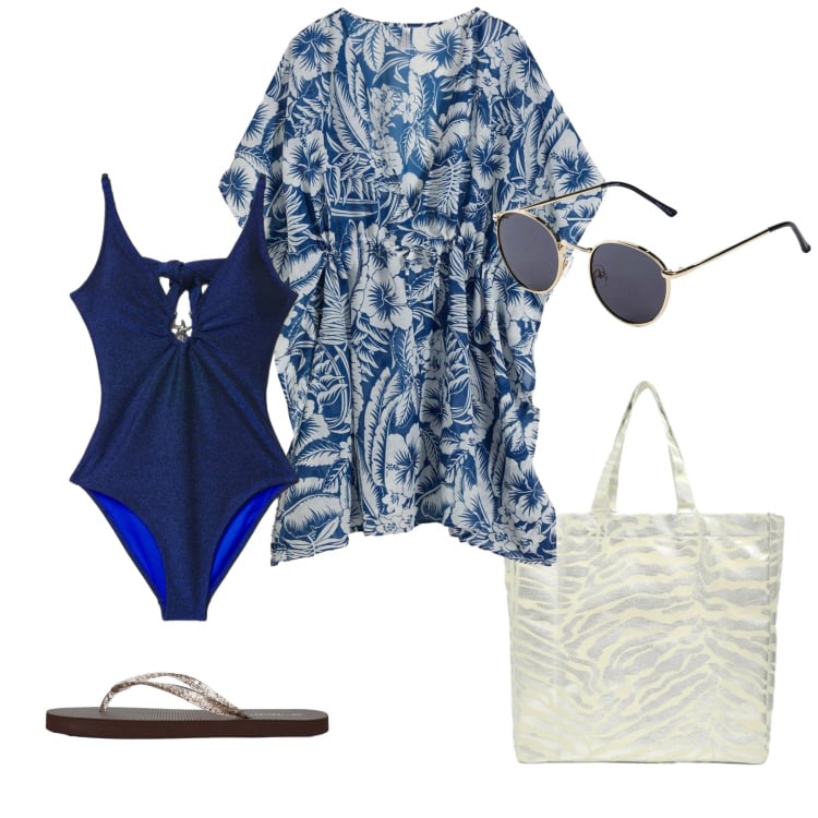 Outfit donna - In spiaggia in blu e argento. Stile Chic per Mare. Abbinamento con occhiali da sole, vestiti da spiaggia, costumi interi, shopping bag, infradito.