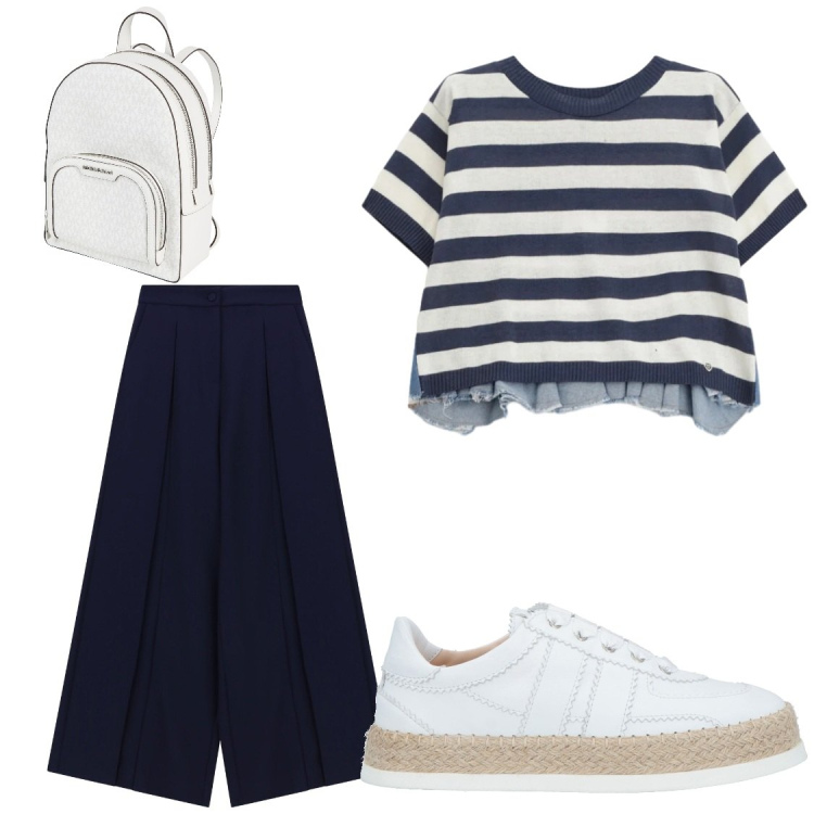Outfit donna - Chich in giro. Stile Casual chic per Tutti i giorni. Abbinamento con zaini, espadrillas, pantaloni a palazzo, t-shirt.