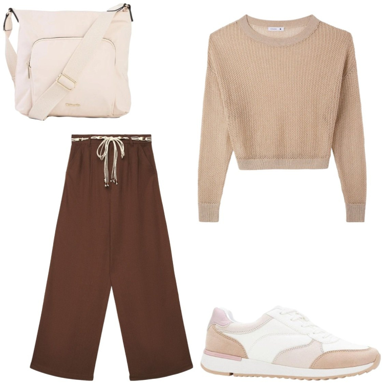Outfit donna - Gite di maggio. Stile Casual chic per Tutti i giorni. Abbinamento con sneakers, borse a tracolla, maglieria, pantaloni.