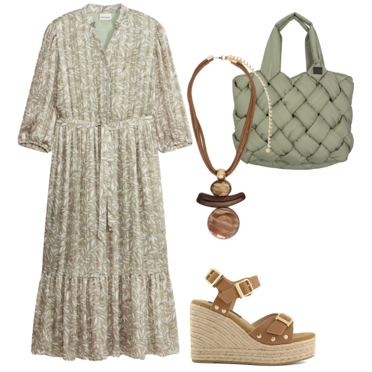 Outfit donna - Verde salvia. Stile Vintage retrò per Tutti i giorni. Abbinamento con vestiti chemisier, ciondoli, borse tote, zeppe.