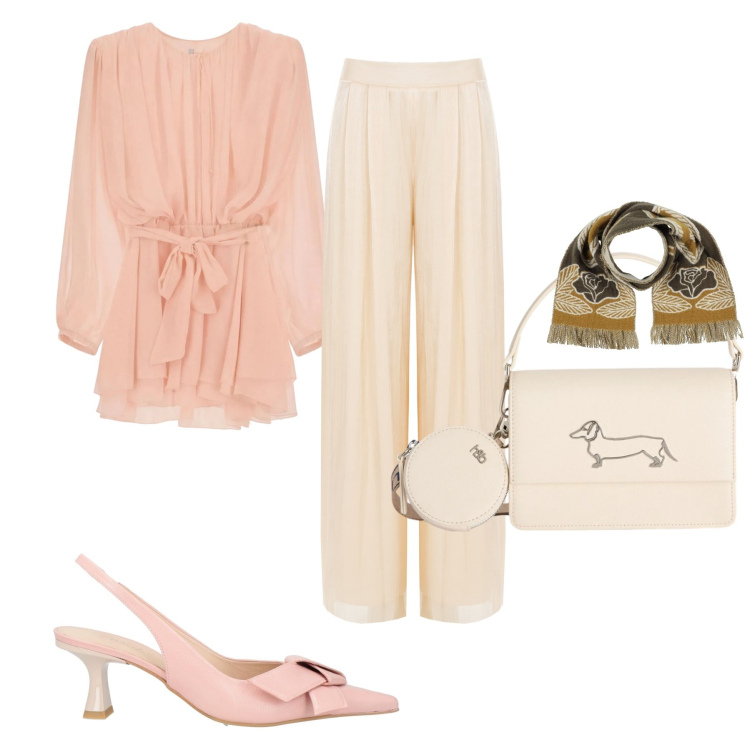 Outfit donna - Invito al matrimonio. Stile Chic per Cerimonia. Abbinamento con sciarpe, décolleté, borse a tracolla, vestiti corti, pantaloni a palazzo.