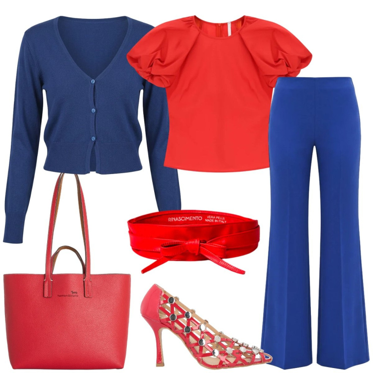 Outfit donna - Total look #2402715. Stile Casual chic per Tutti i giorni. Abbinamento con décolleté, cinture, cardigans, pantaloni a palazzo, bluse, shopping bag.