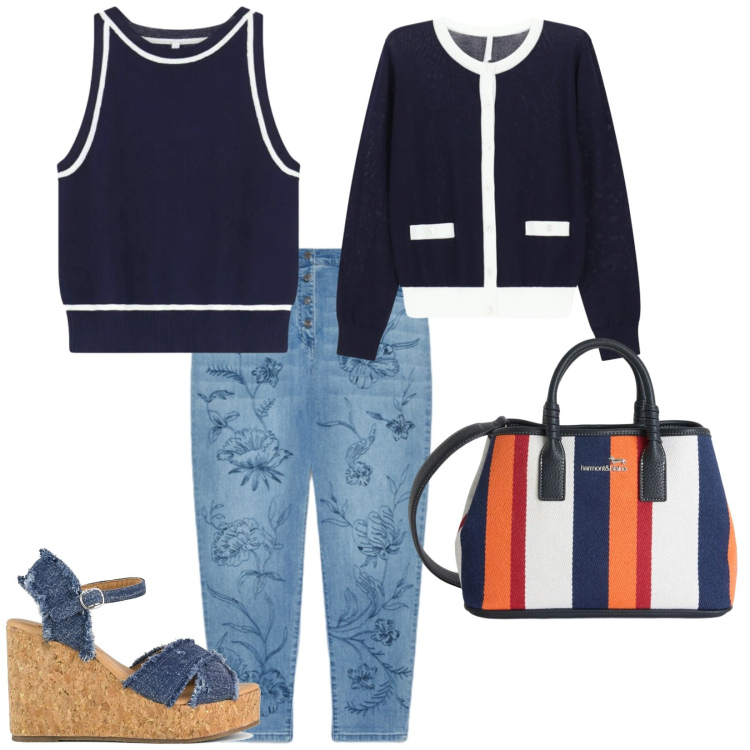 Outfit donna - Focus donna. per Tutti i giorni. Abbinamento con cardigans, top, shopping bag, jeans, zeppe.