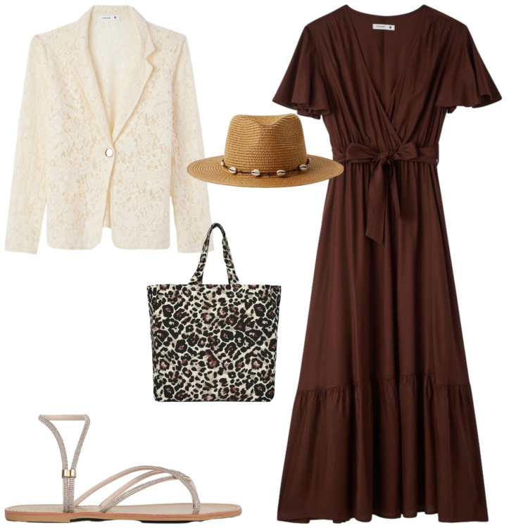 Outfit donna - Boho chic serata evento. Stile Boho per Serata fuori. Abbinamento con shopping bag, sandali, blazer, cappelli, vestiti lunghi.