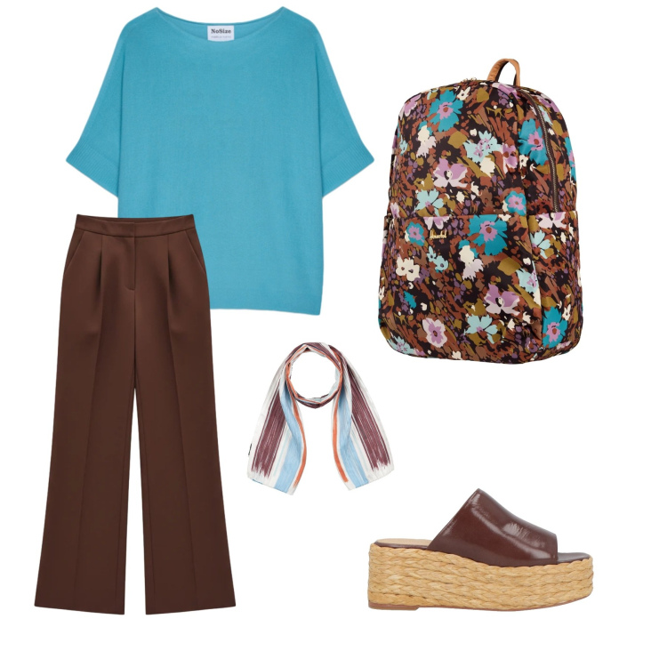 Outfit donna - Tra shopping e passeggio. Stile Urban per Tutti i giorni. Abbinamento con valigie, sciarpe, espadrillas, pantaloni a palazzo, t-shirt.
