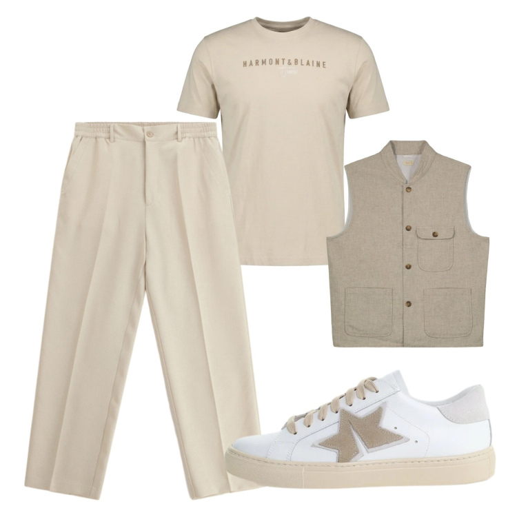 Outfit uomo - Ton sur ton. Stile Trendy per Tutti i giorni. Abbinamento con t-shirt, pantaloni, sneakers, gilet.