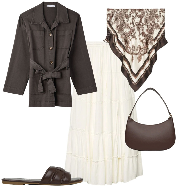 Outfit donna - Boho chic serata evento. Stile Boho per Serata fuori. Abbinamento con top, cappotti, gonne lunghe, borse a tracolla, ciabatte.