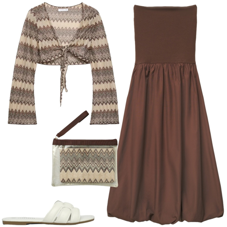 Outfit donna - Boho serata evento. Stile Boho per Serata fuori. Abbinamento con vestiti midi/longuette, blazer, pochette, ciabatte.