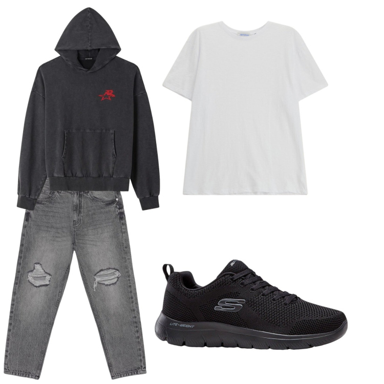 Outfit uomo - Normal. Stile Trendy per Tutti i giorni. Abbinamento con sneakers, jeans strappati, felpe con cappuccio, t-shirt.