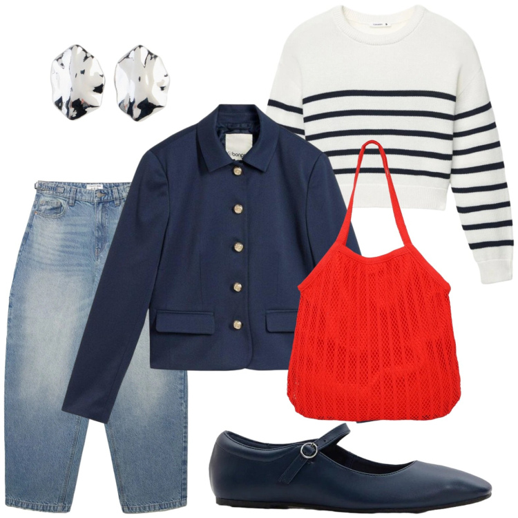 Outfit donna - L\'essenza delle righe. Stile Basic per Tutti i giorni. Abbinamento con blazer, ballerine, orecchini, jeans, maglieria, shopping bag.