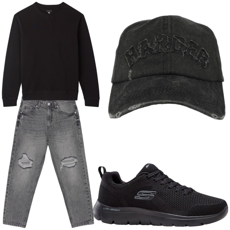 Outfit uomo - Sportivo ma elegante. Stile Trendy per Tutti i giorni. Abbinamento con sneakers, jeans strappati, cappelli con visiera, felpe.