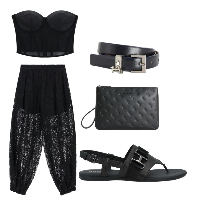 Outfit donna - Total black. Stile Basic per Serata fuori. Abbinamento con infradito, pantaloni a palazzo, top, anelli, cinture.