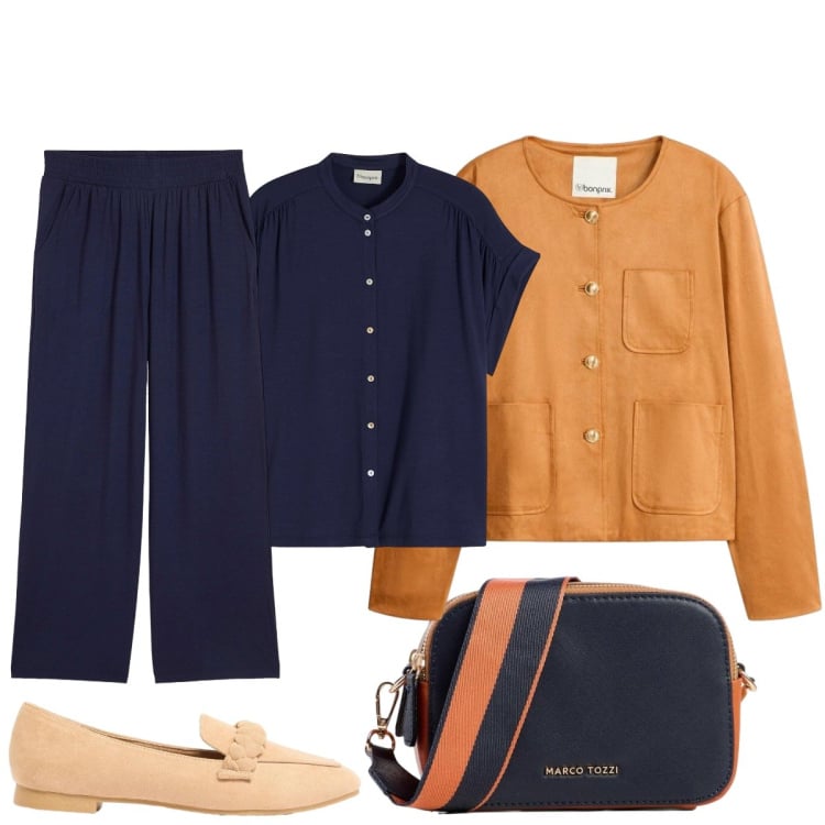 Outfit donna - In ufficio. Stile Casual chic per Ufficio. Abbinamento con pantaloni, camicie, blazer, borse a tracolla, mocassini.