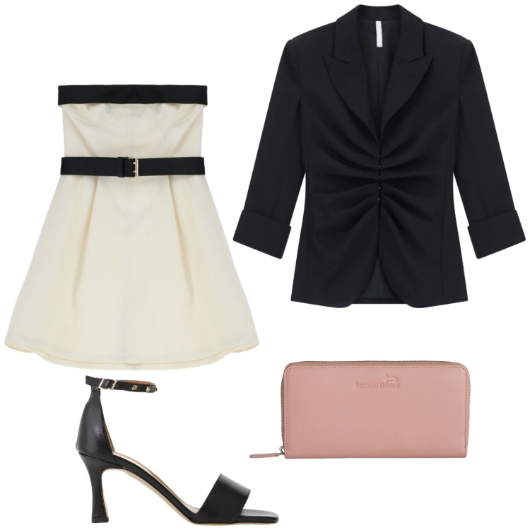 Outfit donna - Il vestito con corpetto. Stile Trendy per Serata fuori. Abbinamento con vestiti corti, blazer, sandali col tacco, portafogli.