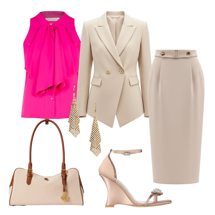 Outfit donna - Total look #2402741. Stile Glamour per Cerimonia. Abbinamento con ciabatte, gonne longuette, blazer, canottiere, borse a mano, orecchini.