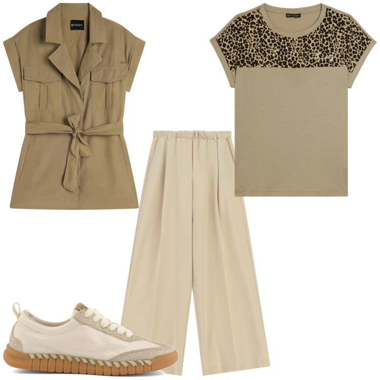 Outfit donna - Al parco zoologico#stile safari. Stile Casual chic per Tutti i giorni. Abbinamento con pantaloni a palazzo, trench, t-shirt, sneakers.