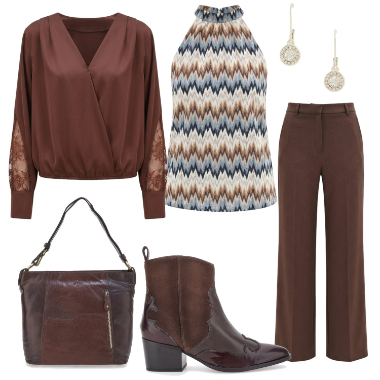 Outfit donna - Total look #2402747. Stile Chic per Cerimonia. Abbinamento con bluse, pantaloni, canottiere, orecchini, stivaletti texani, borse a spalla.