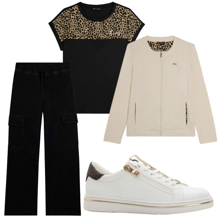 Outfit donna - Animalier. Stile Casual chic per Tutti i giorni. Abbinamento con sneakers, t-shirt, pantaloni cargo, felpe.