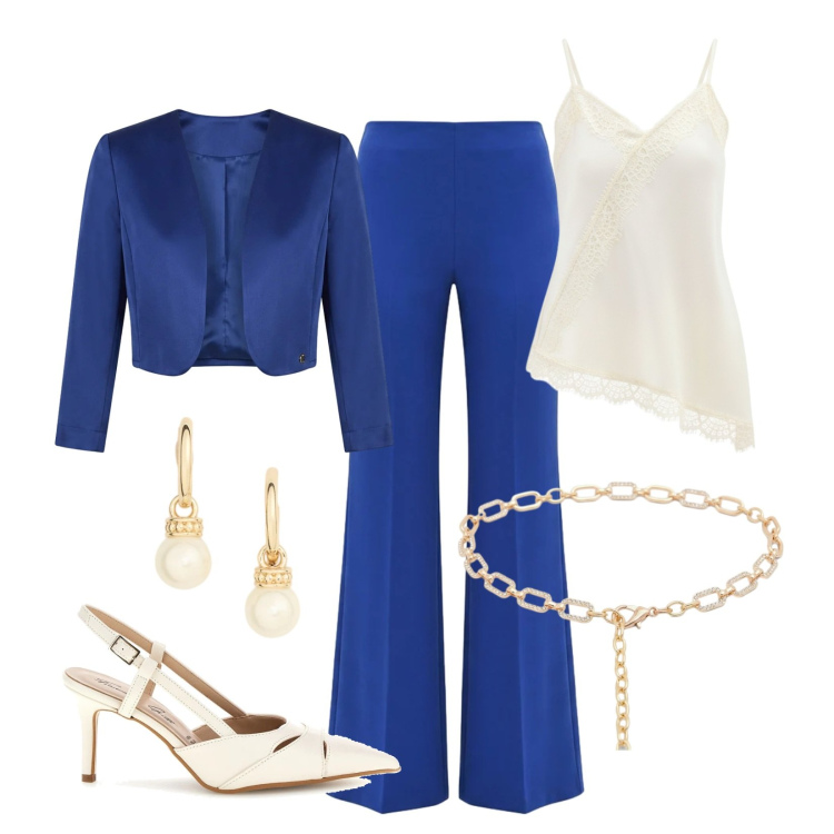 Outfit donna - Stagione delle cerimonie. Stile Chic per Cerimonia. Abbinamento con pantaloni a palazzo, canottiere, bolero, cinture, orecchini, décolleté.
