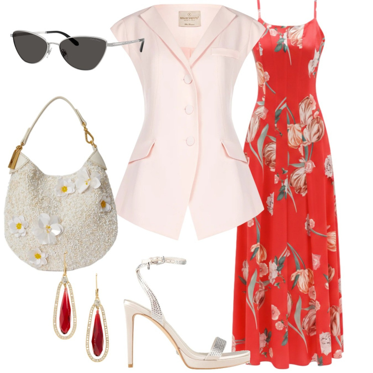 Outfit donna - Cerimonia di giorno. Stile Chic per Cerimonia. Abbinamento con sandali col tacco, vestiti lunghi, gilet, occhiali da sole, orecchini, pochette.