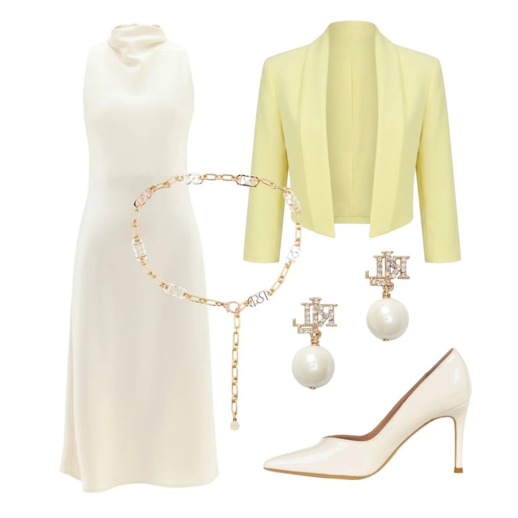 Outfit donna - L\'invitata perfetta. Stile Glamour per Cerimonia. Abbinamento con vestiti midi/longuette, cinture, décolleté, bolero, orecchini.