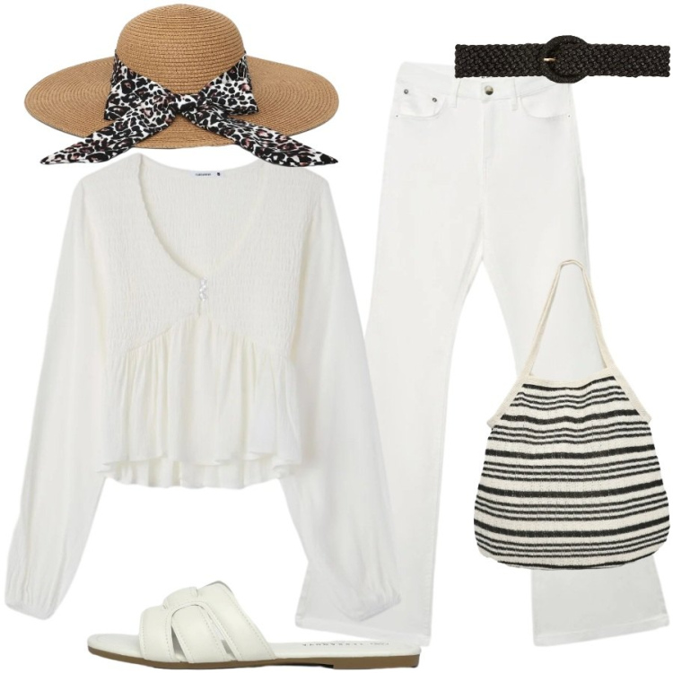 Outfit donna - White boho in vacanza. Stile Boho per Tutti i giorni. Abbinamento con cinture, jeans a zampa, cappelli, shopping bag, bluse, ciabatte.