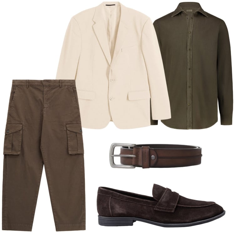 Outfit uomo - Giacca destrutturata. Stile Trendy per Tutti i giorni. Abbinamento con giacche, cinture, pantaloni cargo, camicie, scarpe stringate.
