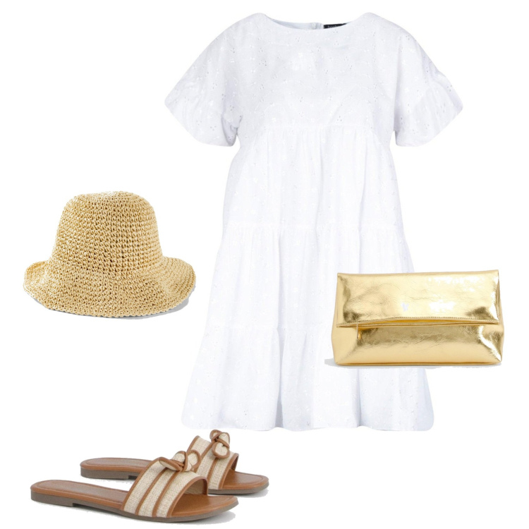 Outfit femme - Robe blanche. Style Boho pour Tous les jours. Assortir avec chapeaux, combinaisons, pochette, mules.