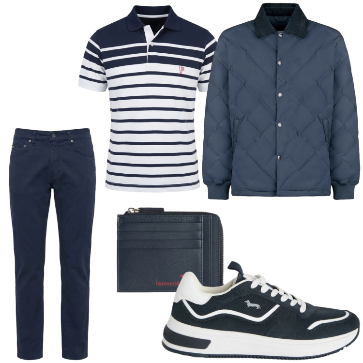 Outfit uomo - Look monocromatico chiaro. Stile Trendy per Tutti i giorni. Abbinamento con sneakers, portamonete, polo, pantaloni, giacche.