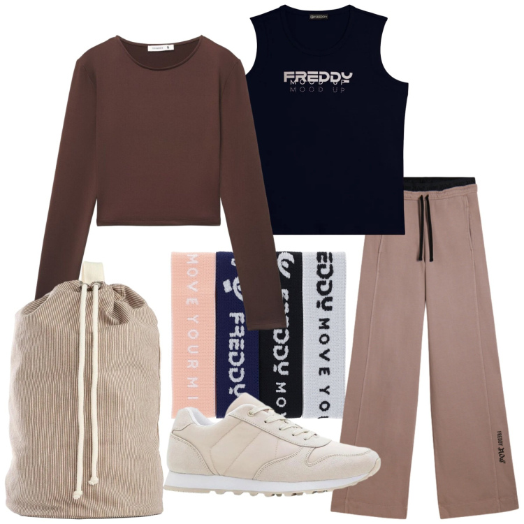 Outfit donna - Total look #2402783. Stile Sporty chic per Sport. Abbinamento con zaini, sneakers, t-shirt, braccialetti, pantaloni, canottiere.