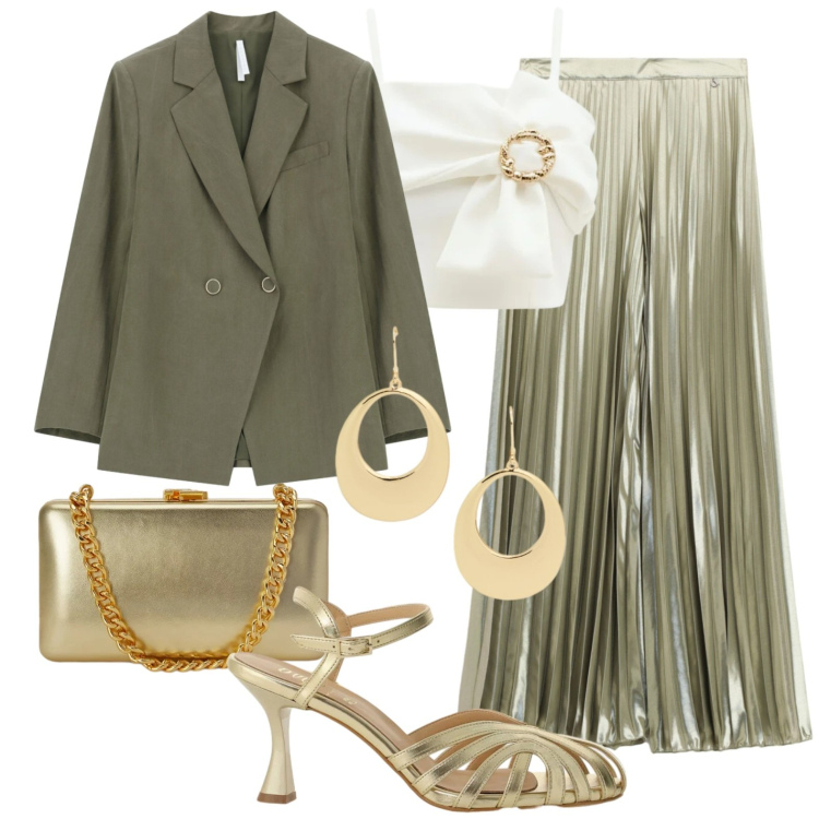 Outfit donna - Verde e plissé. Stile Trendy per Cerimonia. Abbinamento con blazer, top, pantaloni a palazzo, sandali col tacco, orecchini, clutch.