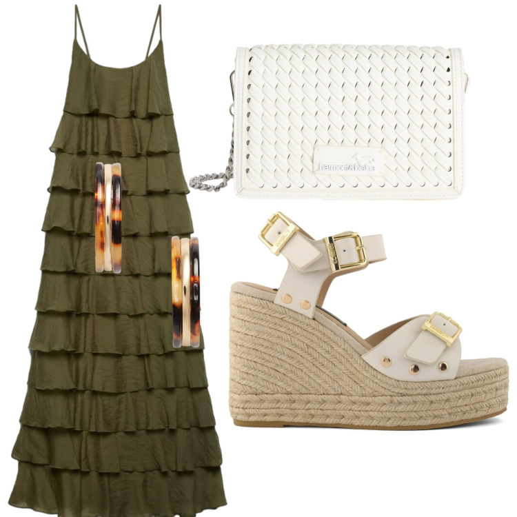 Outfit donna - Cerimonia. Stile Etnico per Cerimonia. Abbinamento con vestiti lunghi, borse a tracolla, orecchini, zeppe.