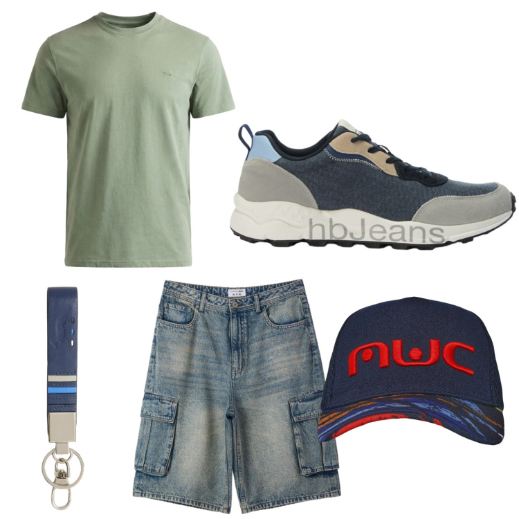 Outfit uomo - Bermuda multitasking. Stile Trendy per Tutti i giorni. Abbinamento con cappelli con visiera, pantaloni corti, portachiavi, t-shirt, sneakers.
