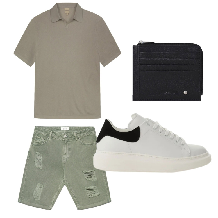 Outfit uomo - Minimal. Stile Casual per Tutti i giorni. Abbinamento con bermuda, sneakers, portafogli, polo.