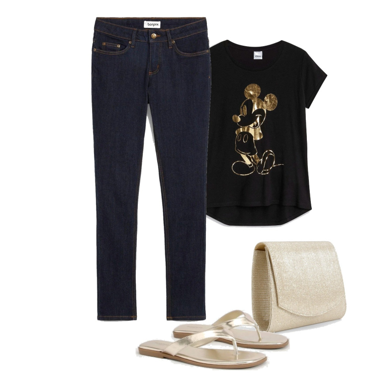 Outfit femme - Mickey. Style Basique pour Tous les jours. Assortir avec t-shirts, jean skinny, pochette, tong.