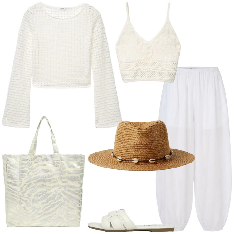 Outfit donna - Total look #2402816. Stile Boho per Tutti i giorni. Abbinamento con cappelli, maglieria, shopping bag, top, ciabatte, pantaloni.