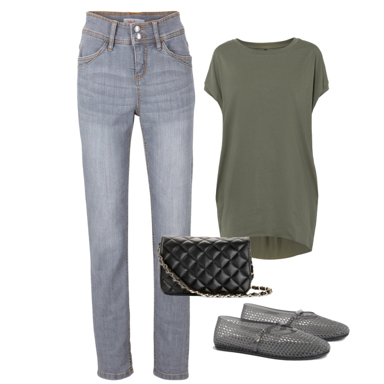 Outfit femme - T-shirt kaki. Style Basique pour Tous les jours. Assortir avec jean slim, sacs en bandoulière, t-shirts, ballerines.