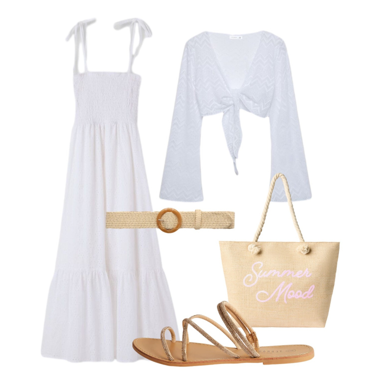 Outfit donna - L’abito in sangallo. Stile Boho per Tutti i giorni. Abbinamento con vestiti lunghi, sandali, borse tote, cinture, top.