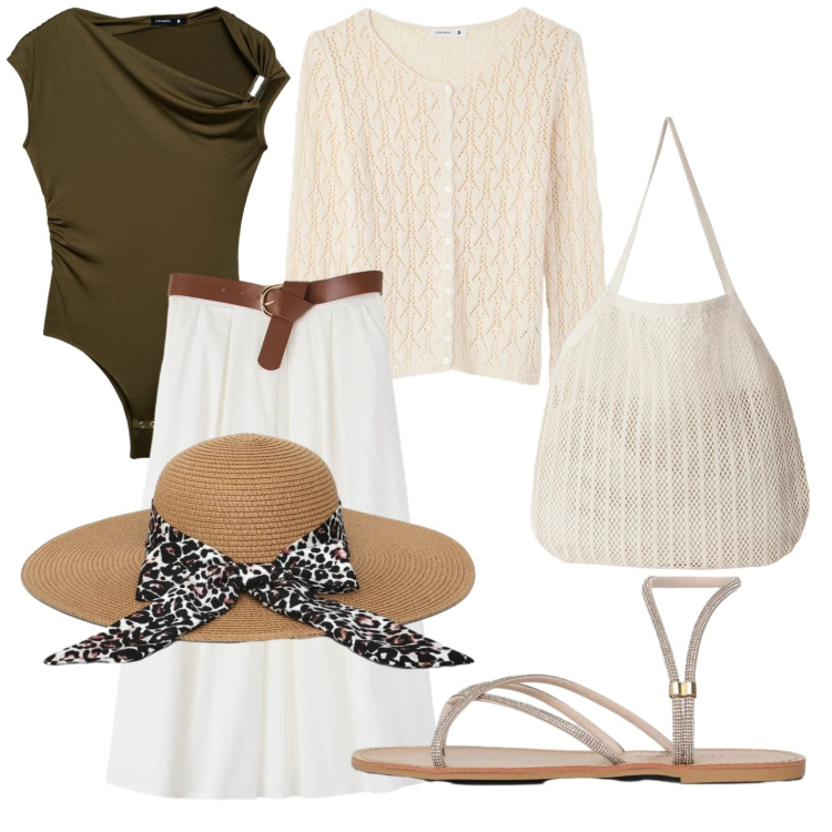 Outfit donna - Total look #2402821. Stile Boho per Tutti i giorni. Abbinamento con top, cappelli, gonne longuette, sandali, cardigans, shopping bag.